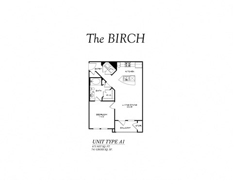Floor plan for 1 bed, 1 bath, 741 sqft
